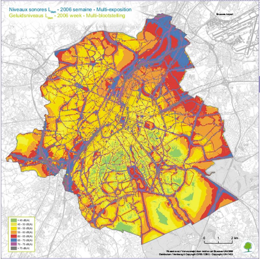 Kaart van het Brussels grondgebied met een weergave van het geluidshinderniveau als gevolg van het wegverkeer