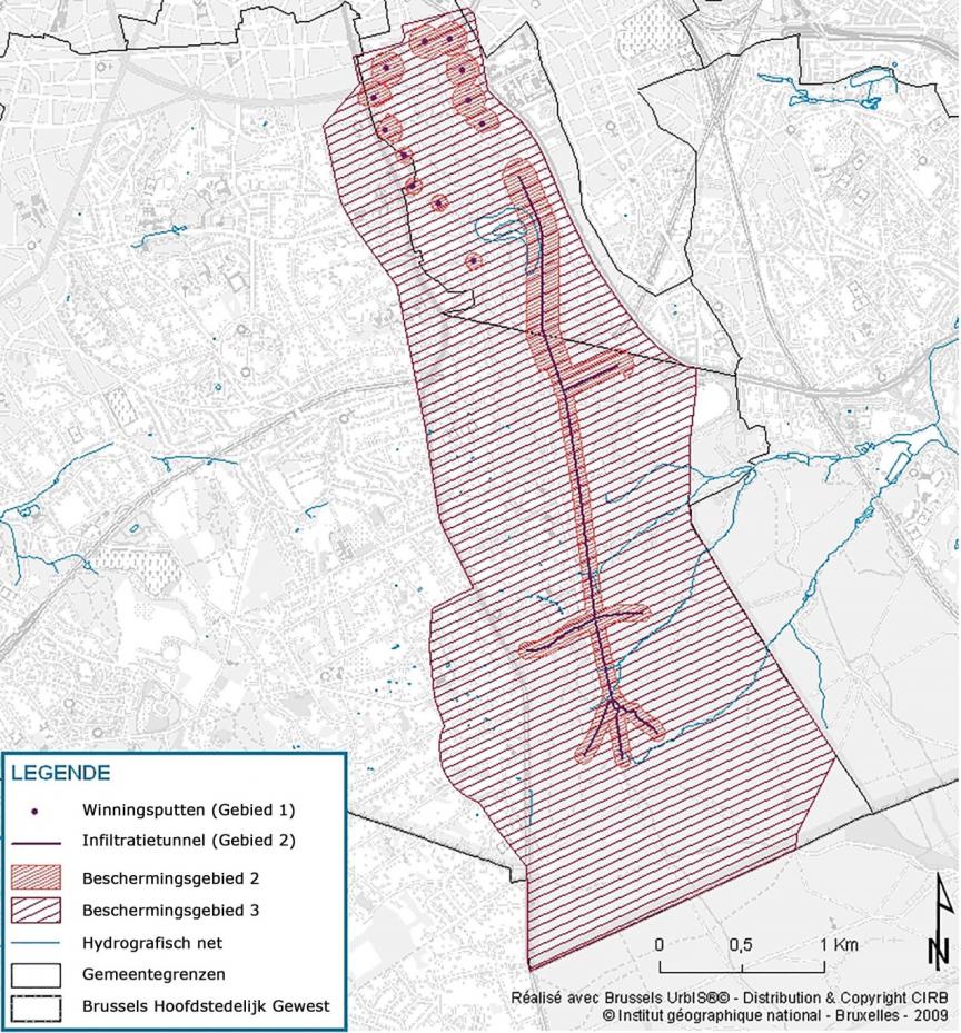 Figuur 3: Waterwinningen en hun beschermingszones. Bron: Register van de beschermde gebieden in het Brussels Hoofdstedelijk Gewest in toepassing van de kaderordonnantie Water. Leefmilieu Brussel, Divisie Natuur, Water, april 2009