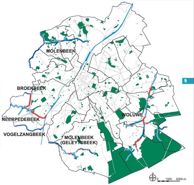 ?Figure 3 : Carte des sections voûtées des cours d’eau dans les vallées prioritaires du maillage bleu bruxellois Source : IBGE, (2010), Maillage vert et bleu, Bruxelles.?
