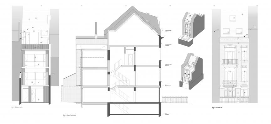 Coupes et élévations du bâtiment maison bruxelloise (situation projetée)