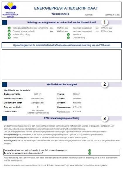 Voorbeeld van een EPB-certificaat (pagina's 1 en 2) voor een Nieuwe EPB-Wooneenheid